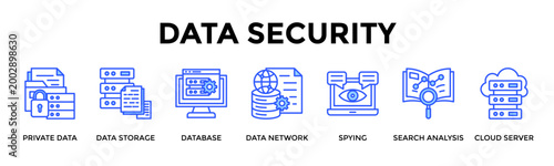 Data Security  Banner Web  Icon Set Collection Pack Vector Illustration Concept Containing Private Data, Data Storage, Database, Data Network, Spying, Search Analysis, Cloud Server