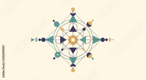 Geometric Sacred Geometry Mandala with Celestial Symbols and Minimalist Lines