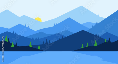 Minimalist Blue Mountain Landscape with Sun and Forest Vector Illustration