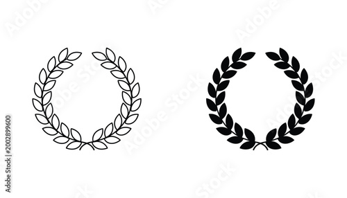 Laurel wreath vector illustration set featuring classic circular foliage design in outline and solid black silhouette styles for award or achievement branding