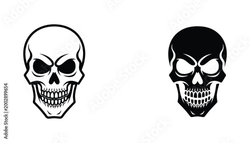 Human skull vector illustration set featuring detailed anatomical design in outline and solid black silhouette styles for gothic or medical projects