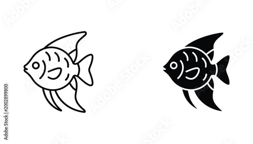 Angelfish icon in line art and solid black silhouette style for aquarium branding or marine life vector graphics