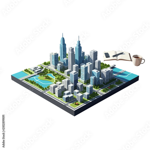 Isometric cityscape with buildings, park and water elements