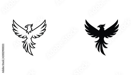 Majestic phoenix bird rising with wings spread in a stylized vector design for symbolic branding