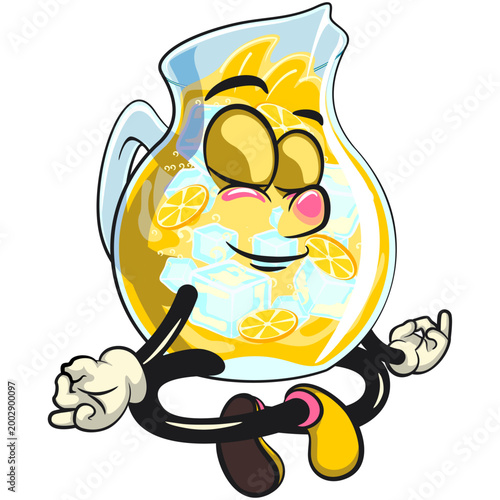 cute orange juice pitcher mascot with ice cubes and citrus slices meditating, funny cartoon beverage character vector illustration isolated, work of hand drawn