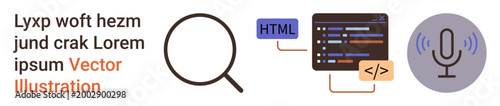 Web development, search functionality, voice recognition, software programming, digital tools, online services. Magnifying glass, code editor and microphone icon. Web development and search