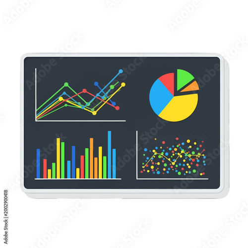 Digital display showing various colorful data charts and graphs