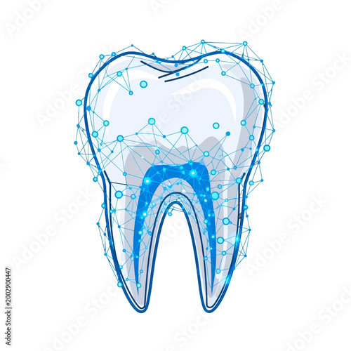 Abstract digital tooth illustration with glowing blue network connections