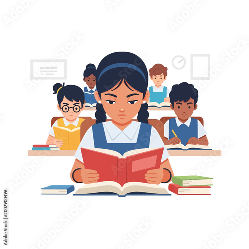Children in a classroom setting reading books with focused expressions