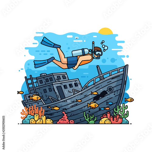 Person explores sunken vessel with marine life and coral