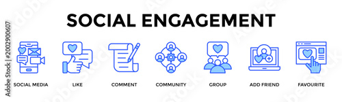 Social Engagement  Banner Web  Icon Set Collection Pack Vector Illustration Concept Containing Social Media, Like, Comment, Community, Group, Add Friend, Favourite