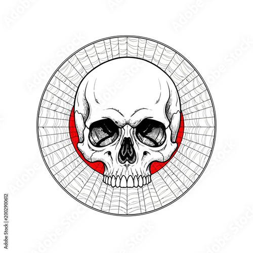 Intricate Skull Emblem with Red Circle and Radial Lines
