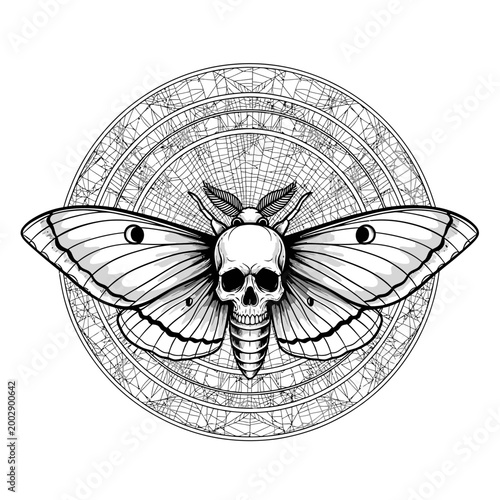 Mysterious Moth with Skull Face and Celestial Circle