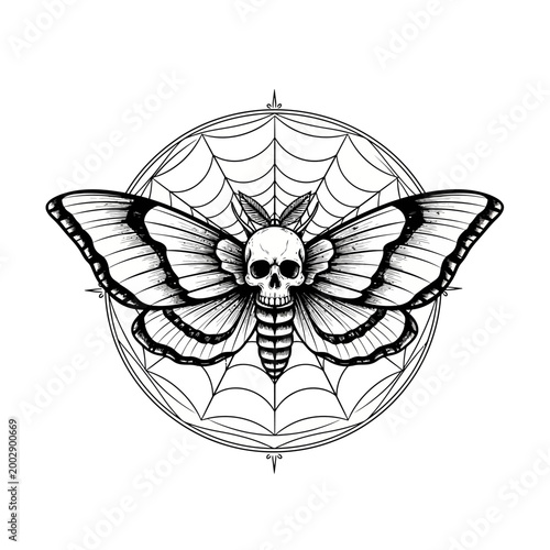 Mysterious Death's Head Moth with Skull Face on Spider Web Background