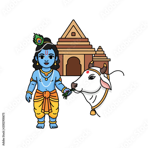 A blue-skinned child offers grass to a white cow near a temple
