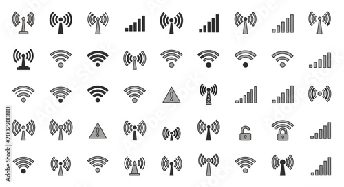 Abstract icon mosaic featuring wireless signals, rockets, leaves and geometric shapes in a grayscale pattern.