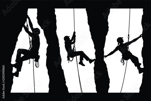 Black silhouette illustration of climbers rappelling and rock climbing in narrow canyon with ropes, helmets, and harnesses, capturing adventure, challenge, and outdoor exploration