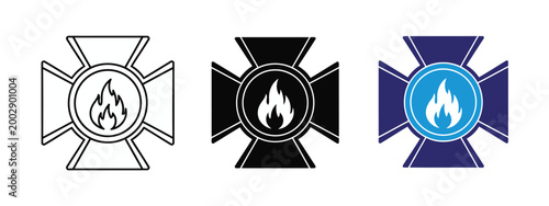 Set of three cross symbols featuring a stylized flame graphic in the center presented in outline black and blue vector designs.