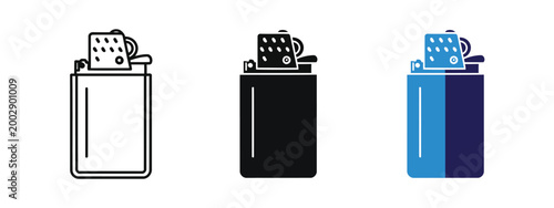 Set of three stylized vector graphic illustrations depicting lighters in outline, solid black, and blue color variations