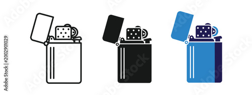 A set of vector graphic illustrations depicting classic lighters with open lids in black and white and blue color schemes.