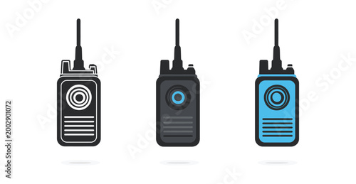 Detailed flat vector graphic illustration featuring three different styles of professional portable handheld walkie talkie radios