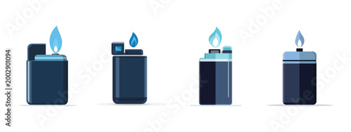 Multiple modern cigarette lighter vector designs featuring bright blue flames isolated on a clean white background