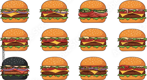 Vector Illustrations of Various Burgers with Toppings, Cheese, Lettuce, Ketchup, and Black Bun for Fast Food and Gourmet Themes