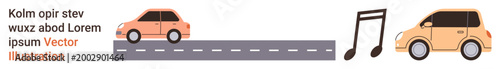 Automotive sound, transportation lifestyle, road technology, music integration, vehicle innovation, travel aesthetics. Two cars on a road with a musical note symbol. Automotive sound