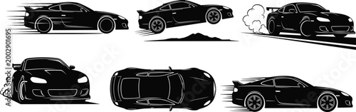 Black silhouette collection of sports cars racing drifting jumping and top view perspective isolated on white background for automotive speed and performance design projects