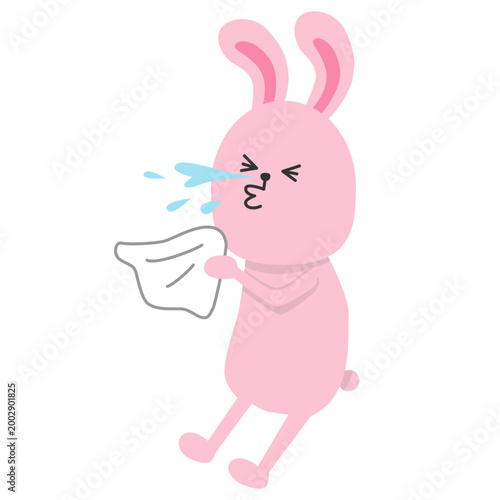 手にティッシュを持ちくしゃみをするウサギのイラスト