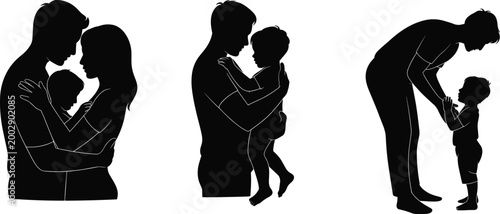 Black silhouette collection of a father holding his son and a family hugging isolated on white background for parenting fatherhood and domestic love designs