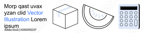 Education, geometry, mathematics, conceptual thinking, design tools, learning aids. Black outline of a cube, a calculator abstract text. Education and geometry in simple forms