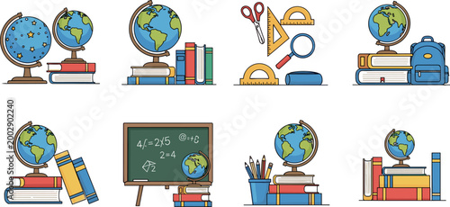 Vector Illustrations of Educational Items: Globe, Books, Chalkboard, Ruler, and School Supplies for Learning and Classroom Themes