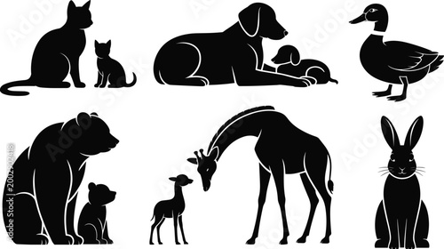 Black silhouette collection of animal mothers with their babies including cat dog bear giraffe duck and rabbit representing wildlife family and maternal love isolated