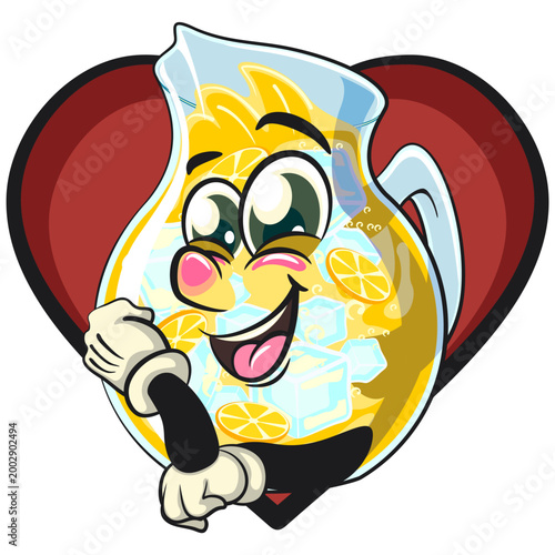 cute orange juice pitcher mascot with ice cubes and citrus slices posing in front of a big heart, funny cartoon beverage character vector illustration isolated, work of hand drawn