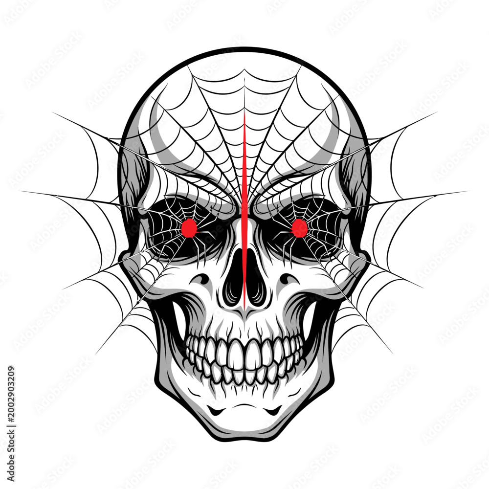 Fototapeta premium Scary Skull with Spiderweb Eyes and Red Dots