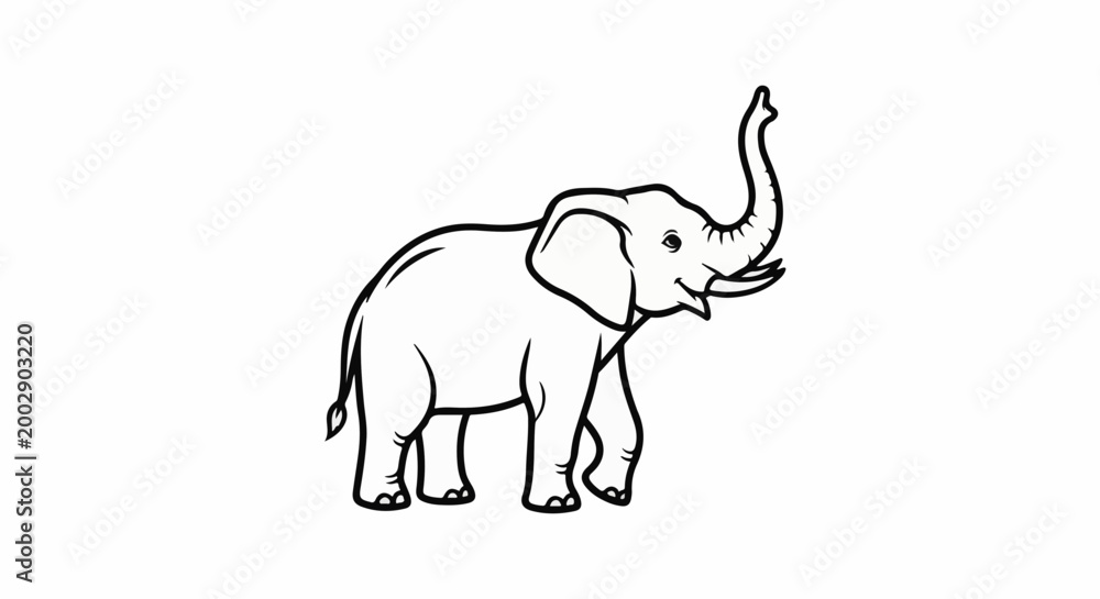 Obraz premium A simple black and white illustration of a cheerful elephant with its trunk raised
