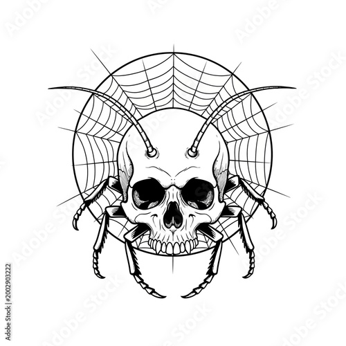 Scary Skull Spider Hybrid with Cobweb Background - Horror Tattoo Design