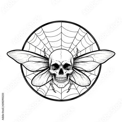 Scary Skull with Insect Wings and Spiderweb Background - Dark Fantasy Art