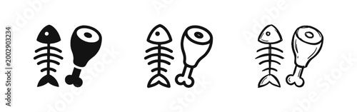 Fish bone and meat drumstick icon set in solid, outline, and hand-drawn styles, food and leftovers concept