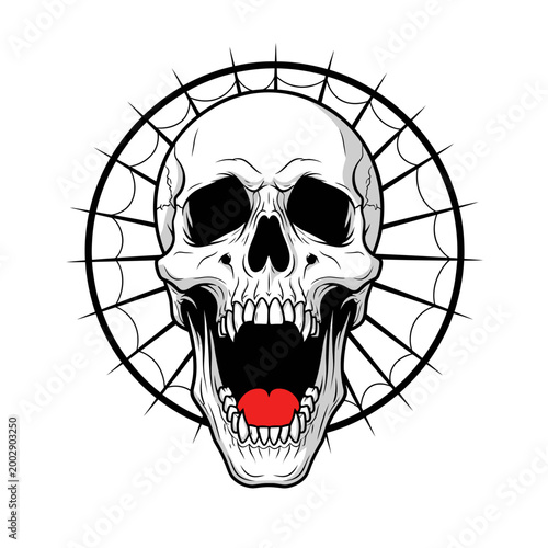 Scary Skull with Open Mouth and Red Heart Tongue, Spider Web Background