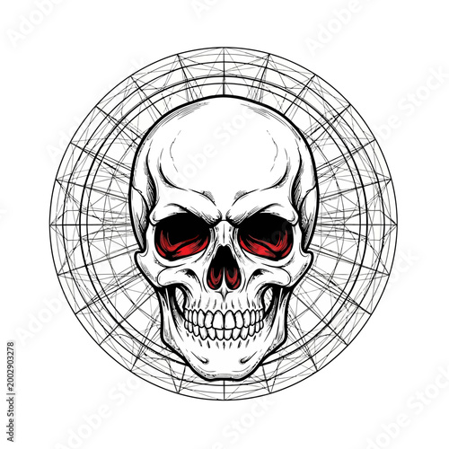 Scary Skull with Red Eyes and Geometric Circle Background - Dark Art