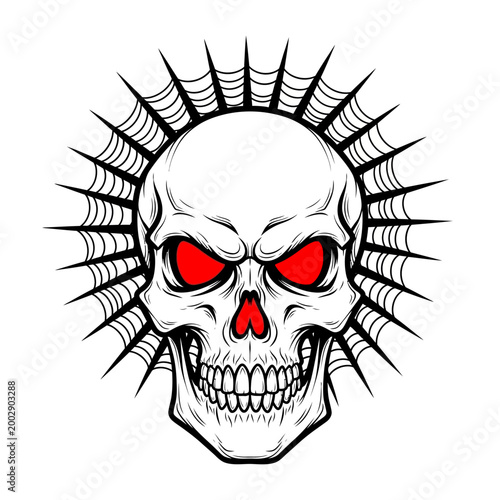Scary Skull with Red Eyes and Spider Web - Horror Halloween Graphic