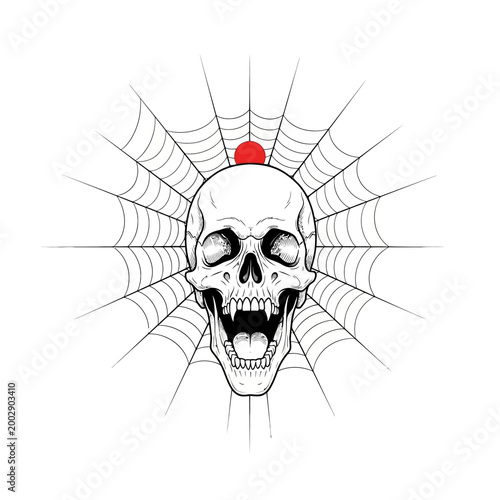 Scary Skull with Spider Web and Red Dot - Horror Halloween Tattoo Design