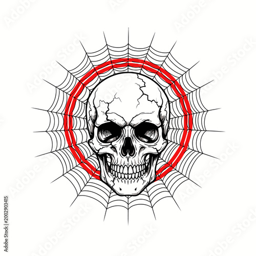 Scary Skull with Spider Web and Red Circle - Tattoo Design