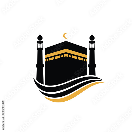 Silhouette of kaaba at mecca with crescent moon and minarets, black and gold on white