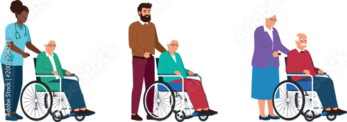 Healthcare and Family Caregiving Wheelchair Assistance for Seniors, Elderly Mobility Aid, Vector Illustration