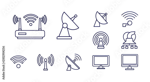 Collection of wireless communication and networking icons showing wifi, satellite, antenna, and data transmission elements.