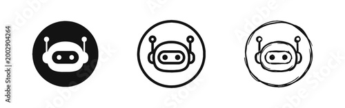 Robot head icon set in solid, outline, and hand-drawn styles, artificial intelligence and bot avatar concept