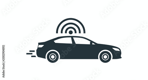 Silhouette of a modern car with signal waves indicating connectivity and mobility.